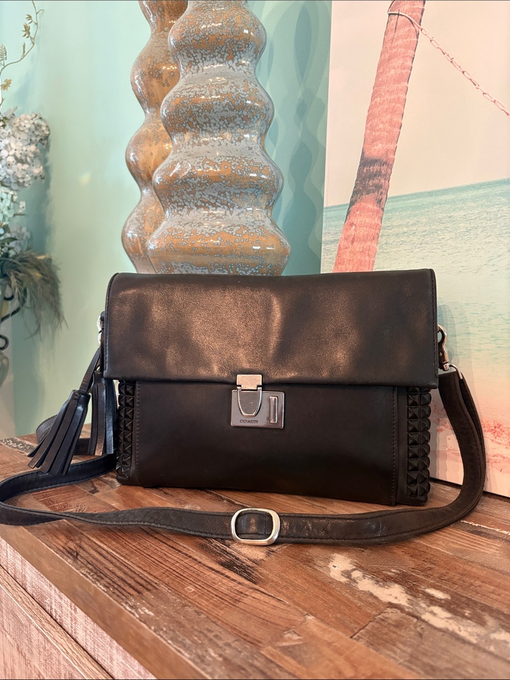 Vintage Coach Black Leather Crossbody/clutch with Studded Trim gorgeous